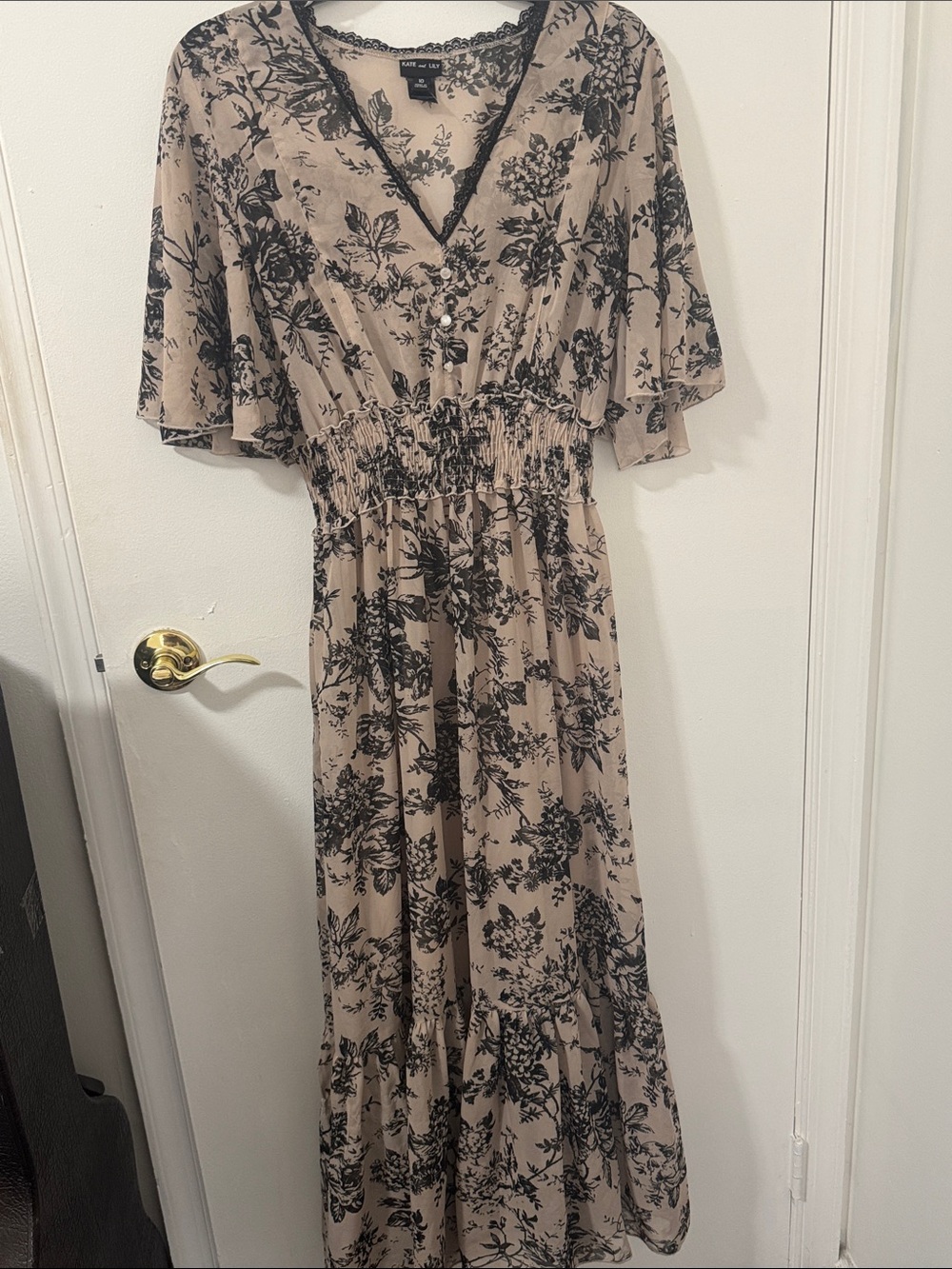 Kate and Lily Beige Floral Maxi Dress with Black Print